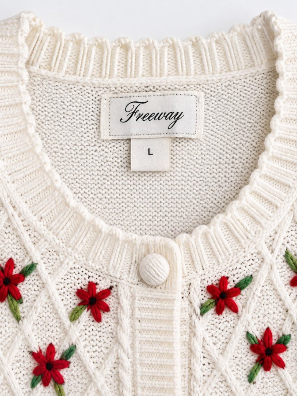 Vintage Freeway Floral Embroidered Cable Knit Holiday Cardigan White Red L - Picture 5 of 9